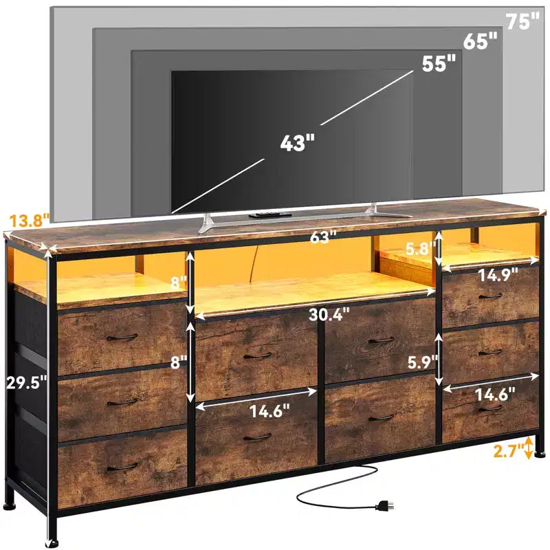 Cassettiera a 10 cassetti per TV da 75 pollici, Cassettiera ampia e lunga 63 W, Organizzatore multi-funzionale per armadio, corridoio, soggiorno