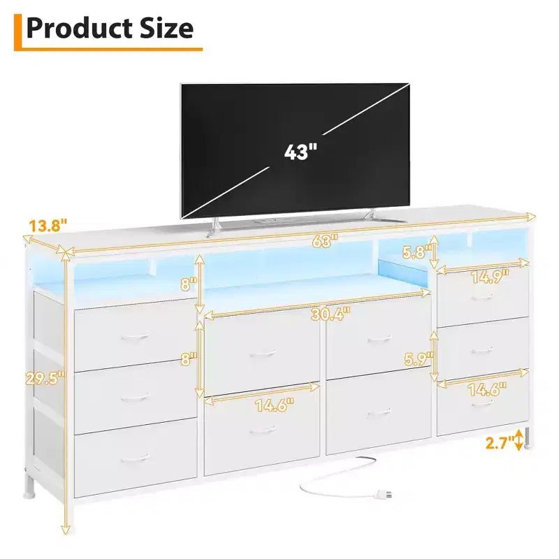 Cassettiera a 10 cassetti per TV da 75 pollici, Cassettiera ampia e lunga 63 W, Organizzatore multi-funzionale per armadio, corridoio, soggiorno
