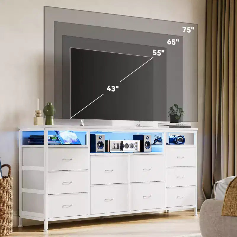 Cassettiera a 10 cassetti per TV da 75 pollici, Cassettiera ampia e lunga 63 W, Organizzatore multi-funzionale per armadio, corridoio, soggiorno