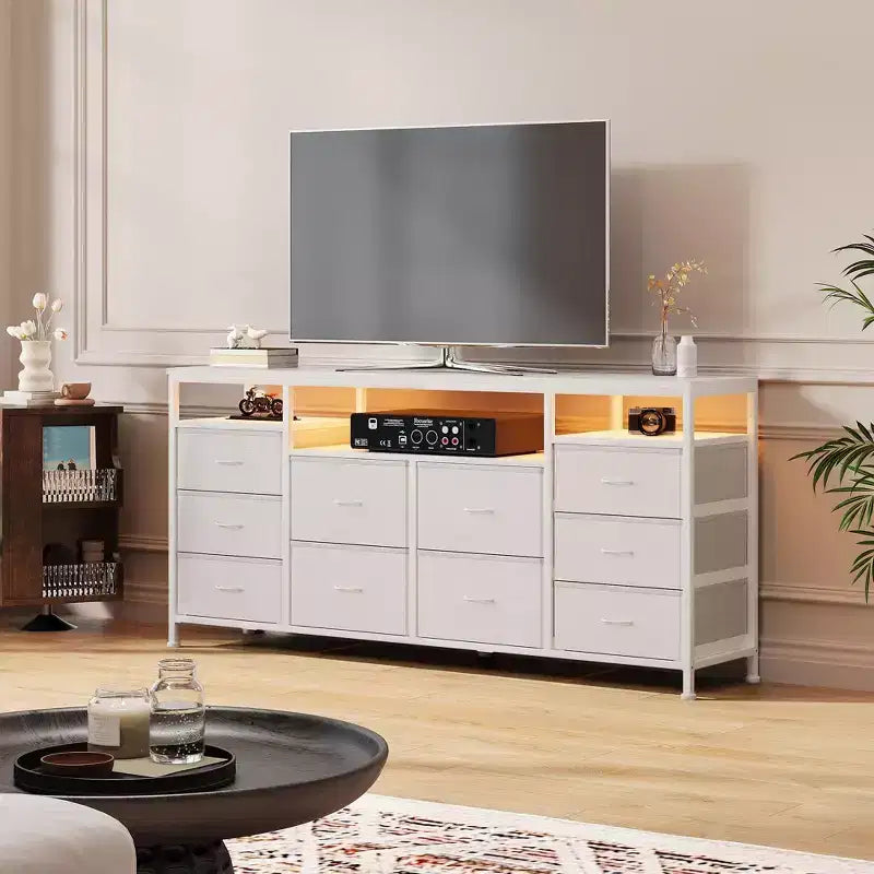 Cassettiera a 10 cassetti per TV da 75 pollici, Cassettiera ampia e lunga 63 W, Organizzatore multi-funzionale per armadio, corridoio, soggiorno