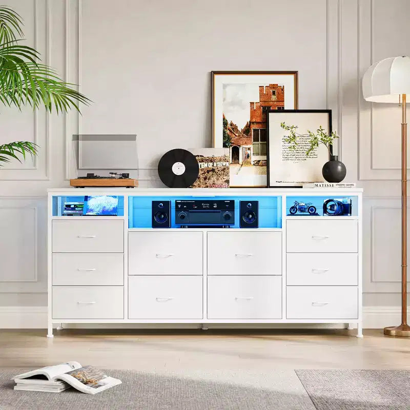 Cassettiera a 10 cassetti per TV da 75 pollici, Cassettiera ampia e lunga 63 W, Organizzatore multi-funzionale per armadio, corridoio, soggiorno