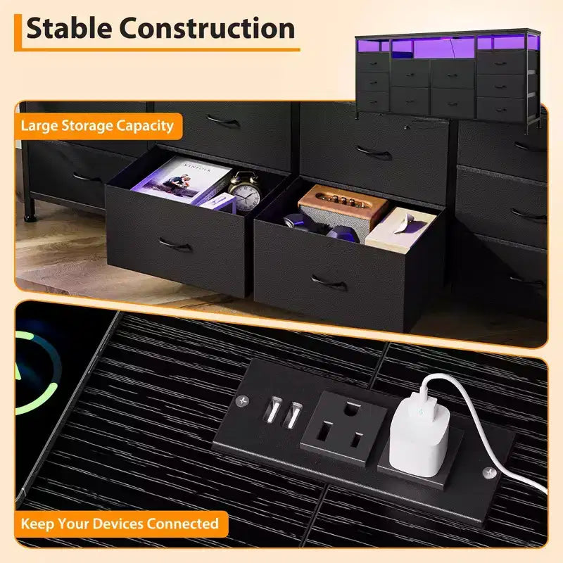 Cassettiera a 10 cassetti per TV da 75 pollici, Cassettiera ampia e lunga 63 W, Organizzatore multi-funzionale per armadio, corridoio, soggiorno