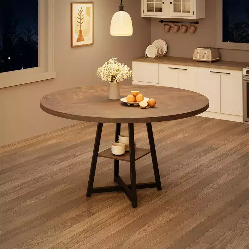 Tavolo da pranzo rotondo da 47 pollici, Tavolo da pranzo rotondo per 4 persone, Tavolo da cucina industriale con piano in legno e base in metallo per sala da pranzo, soggiorno (solo tavolo)