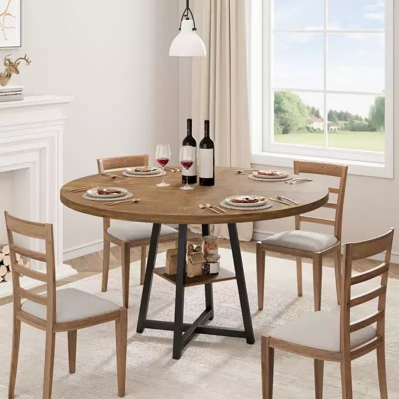 Tavolo da pranzo rotondo da 47 pollici, Tavolo da pranzo rotondo per 4 persone, Tavolo da cucina industriale con piano in legno e base in metallo per sala da pranzo, soggiorno (solo tavolo)