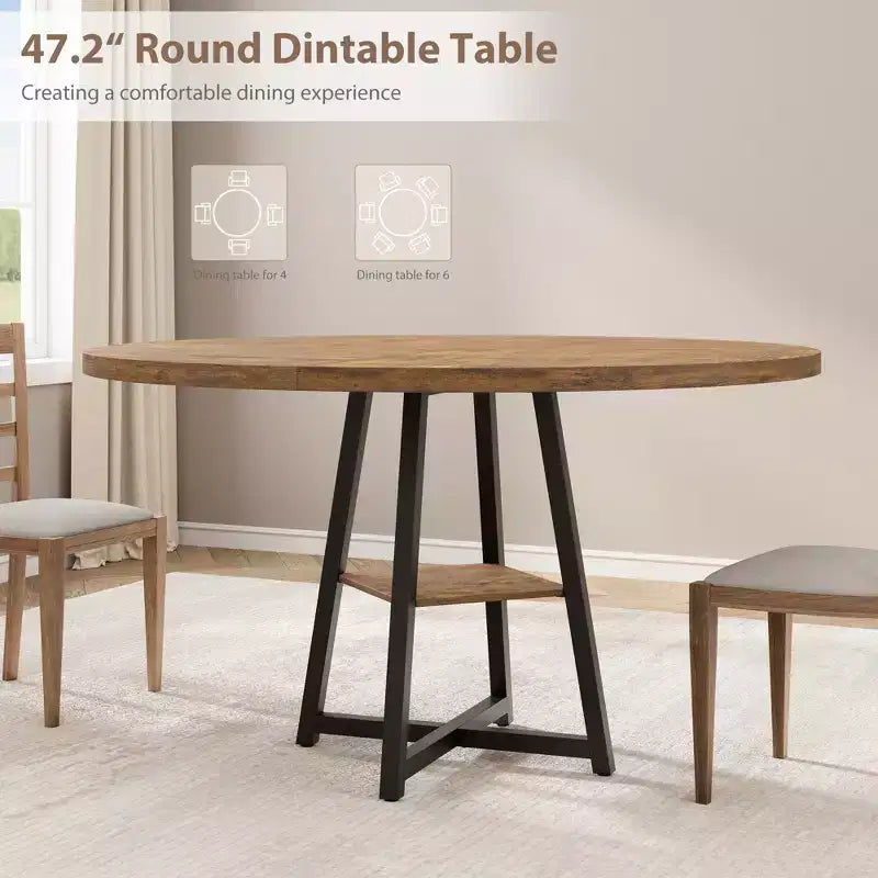 Tavolo da pranzo rotondo da 47 pollici, Tavolo da pranzo rotondo per 4 persone, Tavolo da cucina industriale con piano in legno e base in metallo per sala da pranzo, soggiorno (solo tavolo)