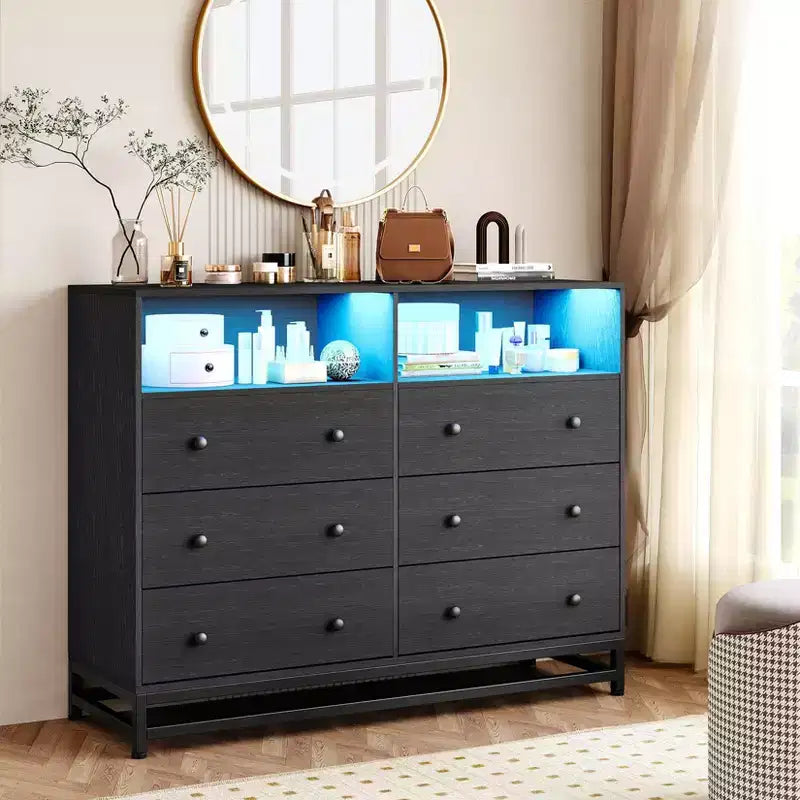 6 Drawers Dresser for Bedroom, Wooden Modern Wide Dresser with Charging Station and Led Lights Design, Large Capacity Storage Chest of Drawers