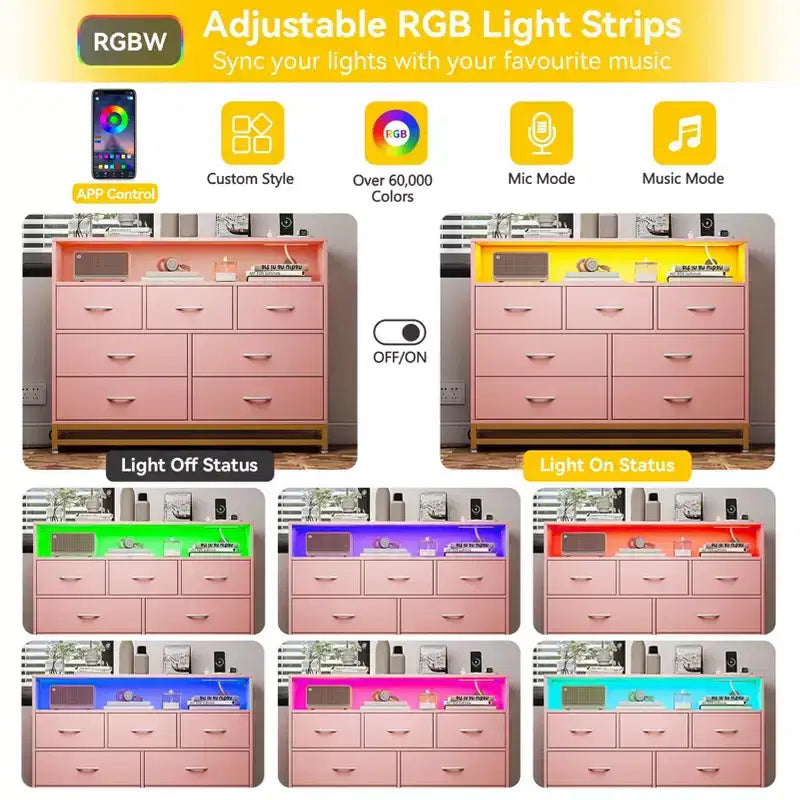 Comò a 6 cassetti per camera da letto, Comò in legno moderno e ampio con stazione di ricarica e luci a LED, Cassettiera contenitore di grande capacità