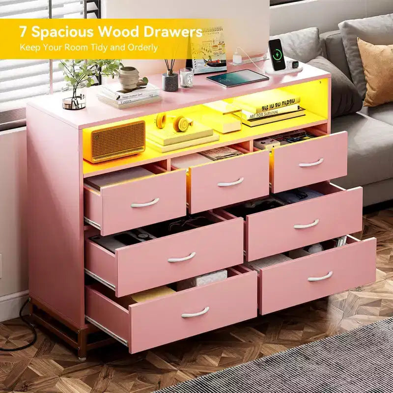 Comò a 6 cassetti per camera da letto, Comò in legno moderno e ampio con stazione di ricarica e luci a LED, Cassettiera contenitore di grande capacità
