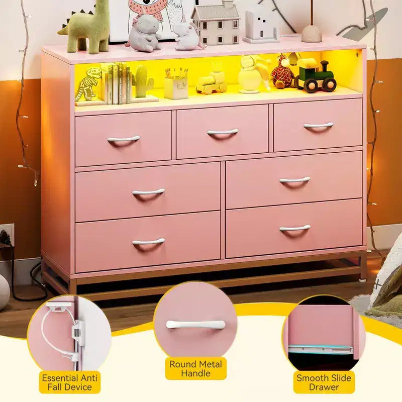Comò a 6 cassetti per camera da letto, Comò in legno moderno e ampio con stazione di ricarica e luci a LED, Cassettiera contenitore di grande capacità