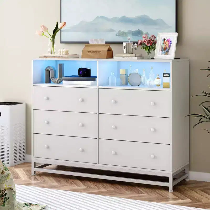 Comò a 6 cassetti per camera da letto, Comò in legno moderno e ampio con stazione di ricarica e luci a LED, Cassettiera contenitore di grande capacità