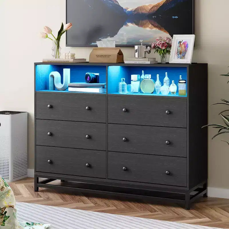Comò a 6 cassetti per camera da letto, Comò in legno moderno e ampio con stazione di ricarica e luci a LED, Cassettiera contenitore di grande capacità