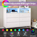 Comò a 6 cassetti per camera da letto, Comò in legno moderno e ampio con stazione di ricarica e luci a LED, Cassettiera contenitore di grande capacità