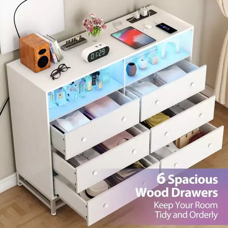 Comò a 6 cassetti per camera da letto, Comò in legno moderno e ampio con stazione di ricarica e luci a LED, Cassettiera contenitore di grande capacità