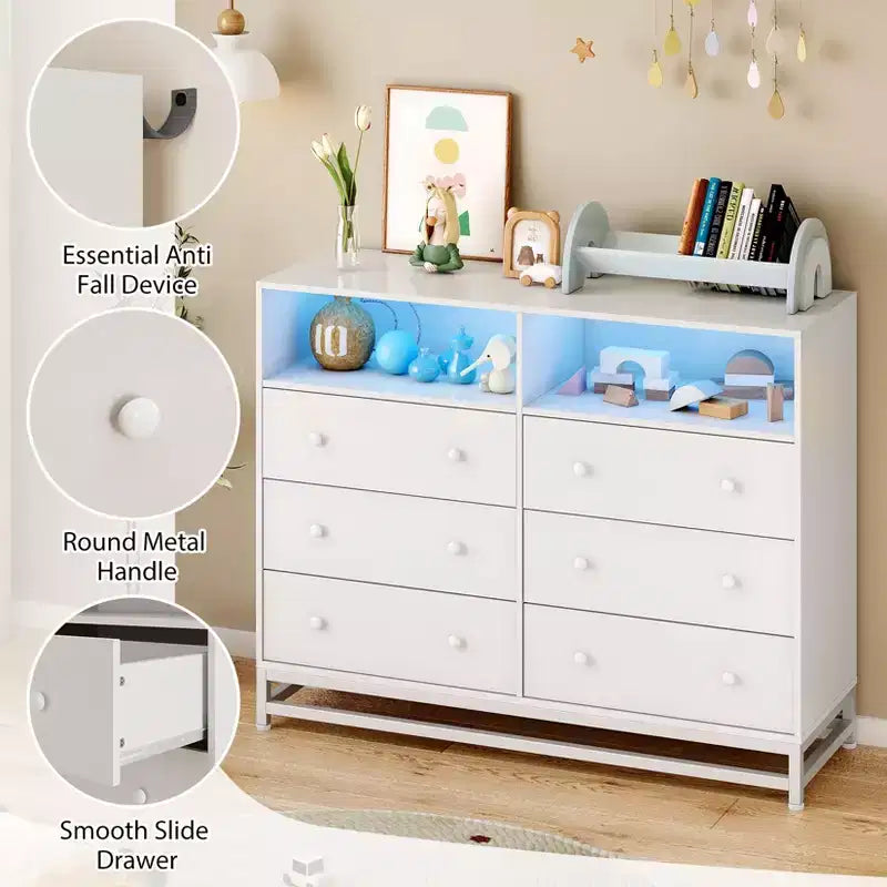 Comò a 6 cassetti per camera da letto, Comò in legno moderno e ampio con stazione di ricarica e luci a LED, Cassettiera contenitore di grande capacità