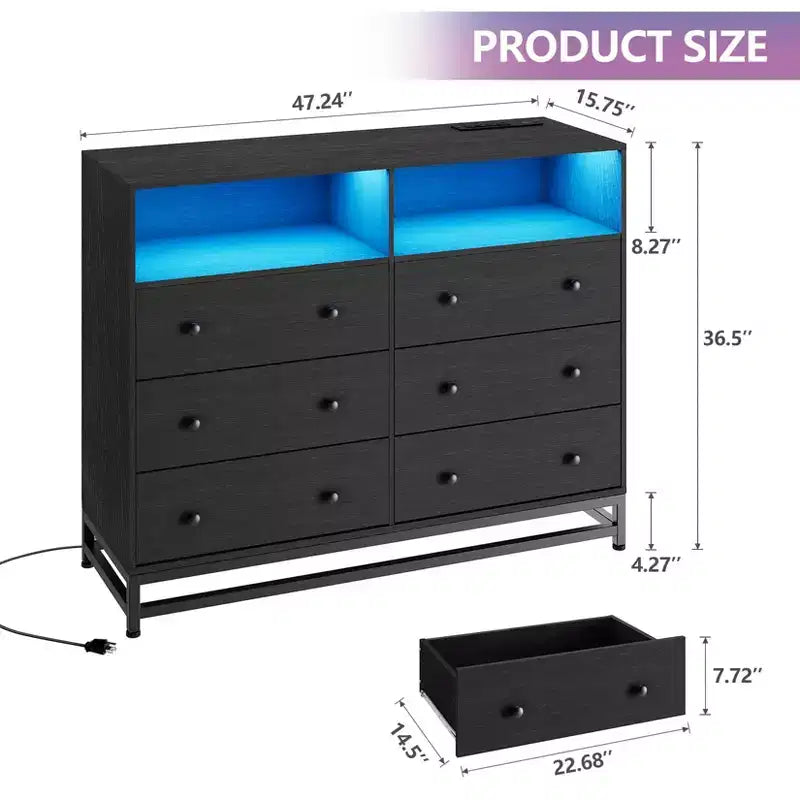 Comò a 6 cassetti per camera da letto, Comò in legno moderno e ampio con stazione di ricarica e luci a LED, Cassettiera contenitore di grande capacità