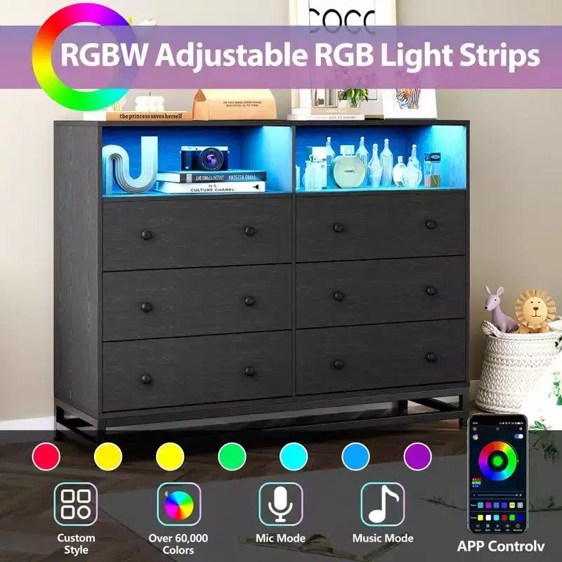 Comò a 6 cassetti per camera da letto, Comò in legno moderno e ampio con stazione di ricarica e luci a LED, Cassettiera contenitore di grande capacità