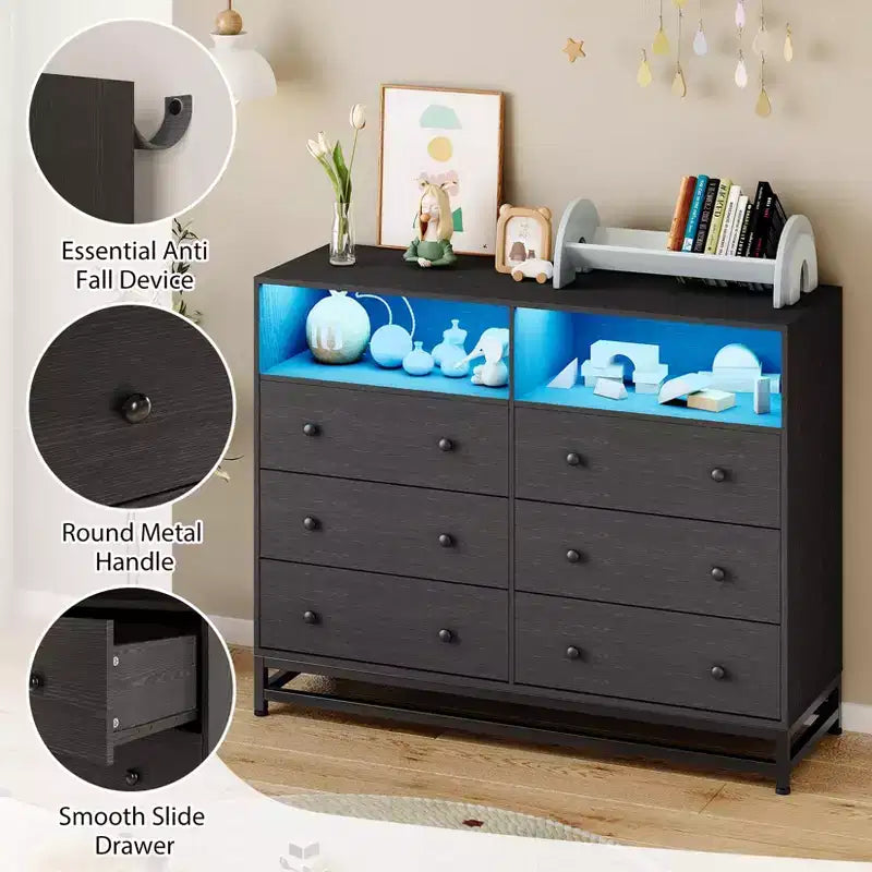 Comò a 6 cassetti per camera da letto, Comò in legno moderno e ampio con stazione di ricarica e luci a LED, Cassettiera contenitore di grande capacità
