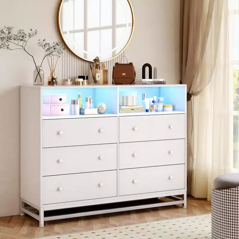 Comò a 6 cassetti per camera da letto, Comò in legno moderno e ampio con stazione di ricarica e luci a LED, Cassettiera contenitore di grande capacità