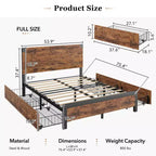 Struttura Letto con 4 Cassetti Contenitori, Letto a Piattaforma in Metallo con Testiera in Legno, Silenzioso, Nessuna Rete a Molle Necessaria, Facile da Montare, Marrone Vintage