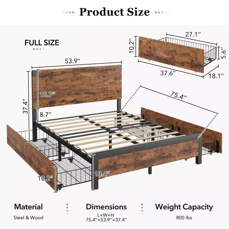 Struttura Letto con 4 Cassetti Contenitori, Letto a Piattaforma in Metallo con Testiera in Legno, Silenzioso, Nessuna Rete a Molle Necessaria, Facile da Montare, Marrone Vintage