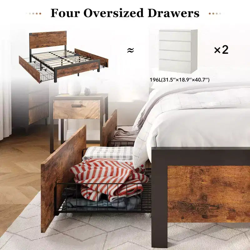 Struttura Letto con 4 Cassetti Contenitori, Letto a Piattaforma in Metallo con Testiera in Legno, Silenzioso, Nessuna Rete a Molle Necessaria, Facile da Montare, Marrone Vintage