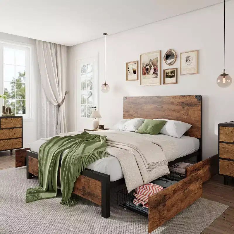 Struttura Letto con 4 Cassetti Contenitori, Letto a Piattaforma in Metallo con Testiera in Legno, Silenzioso, Nessuna Rete a Molle Necessaria, Facile da Montare, Marrone Vintage