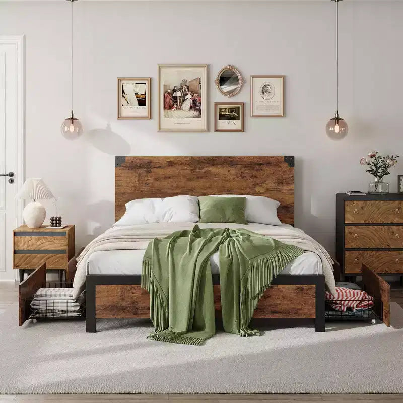 Struttura Letto con 4 Cassetti Contenitori, Letto a Piattaforma in Metallo con Testiera in Legno, Silenzioso, Nessuna Rete a Molle Necessaria, Facile da Montare, Marrone Vintage