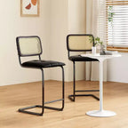 PexFix 2Pcs Counter Height Bar Stools Upholstered PU Leather Barstools with Rattan Back 26 inch Stools Armless Bar Chairs for Kitchen Island Black