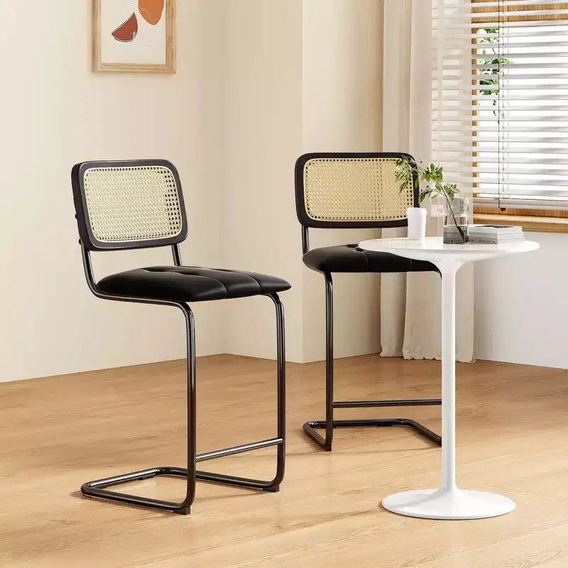 PexFix 2Pcs Counter Height Bar Stools Upholstered PU Leather Barstools with Rattan Back 26 inch Stools Armless Bar Chairs for Kitchen Island Black
