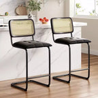 PexFix 2 Pezzi Sgabelli da Bar Altezza Bancone, Sgabelli da Bar in Pelle PU Imbottiti con Schienale in Rattan, Sgabelli da 26 Pollici, Sedie da Bar Senza Braccioli per Isola Cucina, Nero