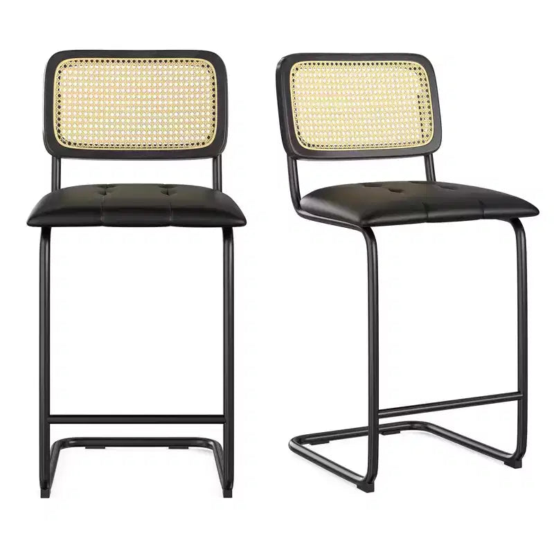 PexFix 2 Pezzi Sgabelli da Bar Altezza Bancone, Sgabelli da Bar in Pelle PU Imbottiti con Schienale in Rattan, Sgabelli da 26 Pollici, Sedie da Bar Senza Braccioli per Isola Cucina, Nero