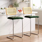 PexFix 2Pcs Counter Height Bar Stools Upholstered PU Leather Barstools with Rattan Back 30 inch Stools Armless Bar Chairs for Kitchen Island Green