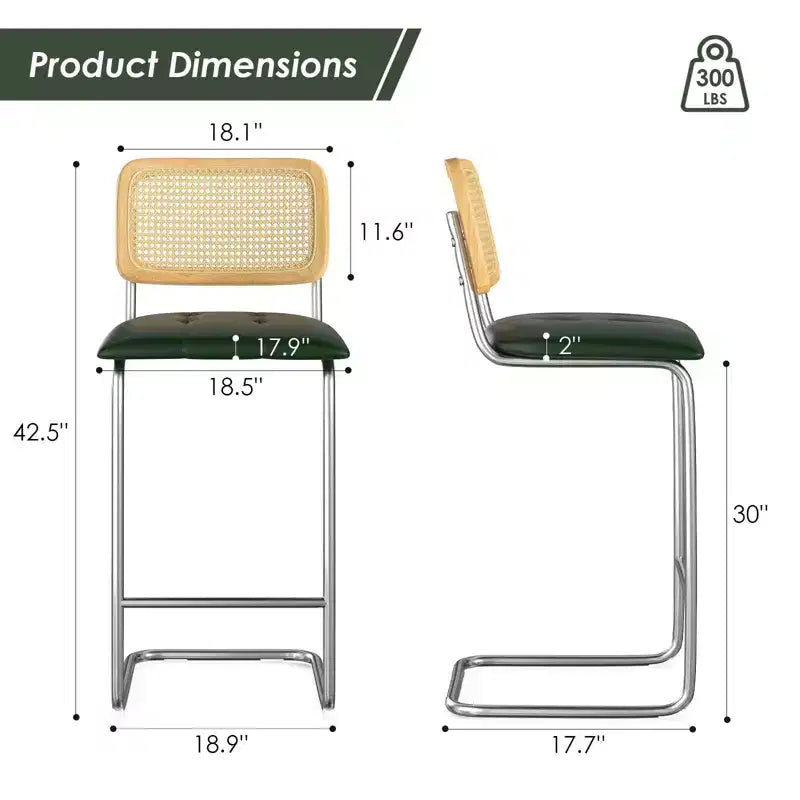 PexFix Sgabelli da bar da 2 pezzi altezza bancone, sgabelli da bar imbottiti in pelle PU con schienale in rattan, sgabelli da 30 pollici, sedie da bar senza braccioli per isola cucina, verdi