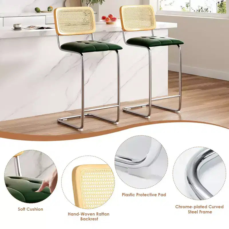 PexFix Sgabelli da bar da 2 pezzi altezza bancone, sgabelli da bar imbottiti in pelle PU con schienale in rattan, sgabelli da 30 pollici, sedie da bar senza braccioli per isola cucina, verdi