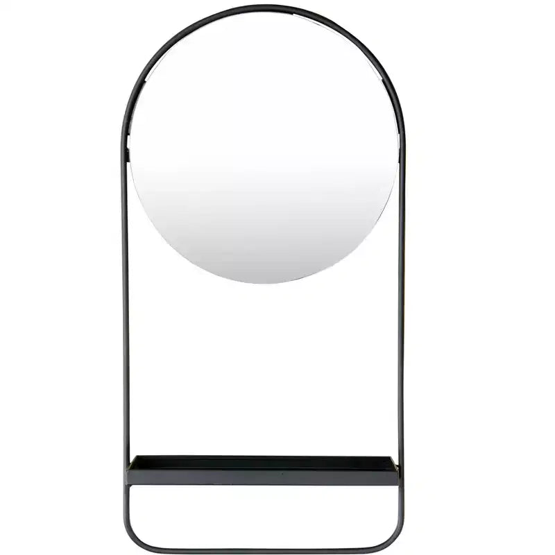 Storied Home Round Floating Metal Framed Wall Mirror with Shelf, Black