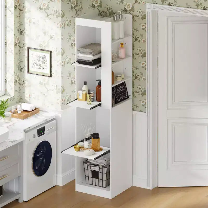 Famapy White Tall Bathroom Storage Cabinet - Sliding Shelf Organizer for Toiletries