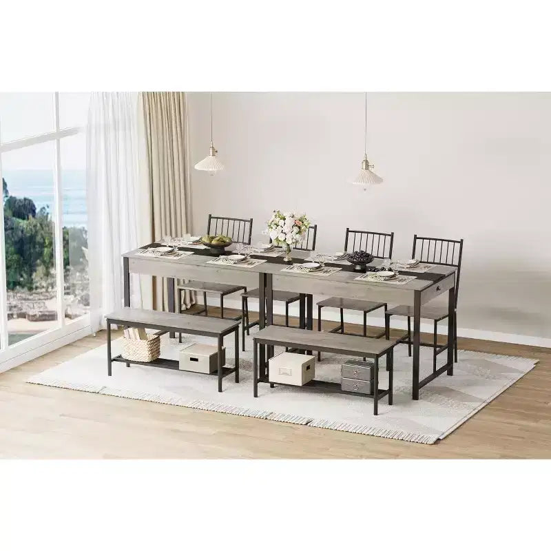 Set da pranzo CuisinSmart per 4 persone, tavolo da cucina e 2 sedie per 4 con panca, set tavolo da cucina rettangolare in stile rustico con cassetti contenitori