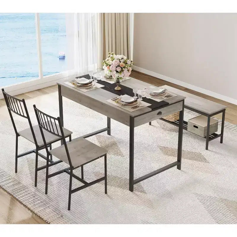 Set da pranzo CuisinSmart per 4 persone, tavolo da cucina e 2 sedie per 4 con panca, set tavolo da cucina rettangolare in stile rustico con cassetti contenitori