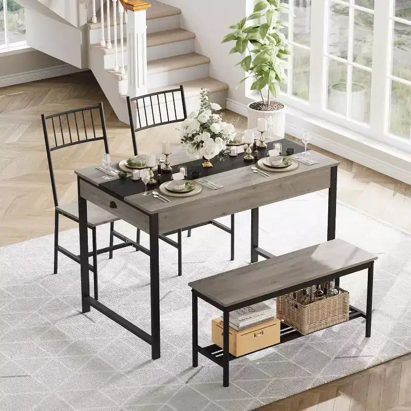 CuisinSmart Dining Table Set for 4, Kitchen Table and 2 Chairs for 4 with Bench, Rectangular Farmhouse Kitchen Table Set with Storage Drawers