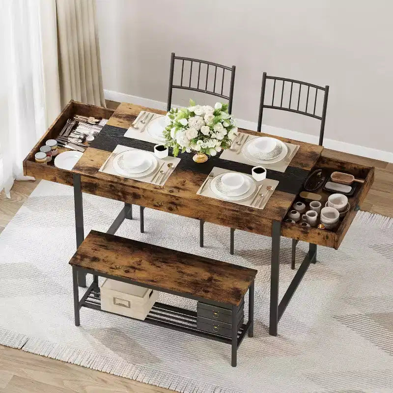 Set da pranzo CuisinSmart per 4 persone, tavolo da cucina e 2 sedie per 4 con panca, set tavolo da cucina rettangolare in stile rustico con cassetti contenitori