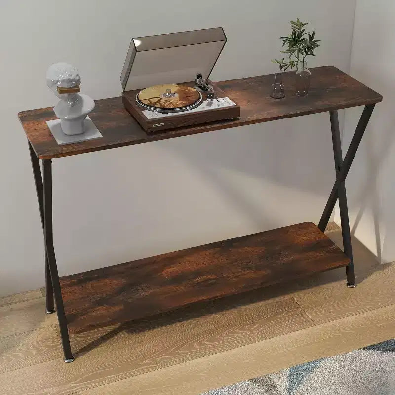 33.5 Rustic Brown Narrow Console Table with 2-Tier Shelves, Farmhouse Sofa Table for Living Room, Hallway, Entryway, Rectangular Metal Frame