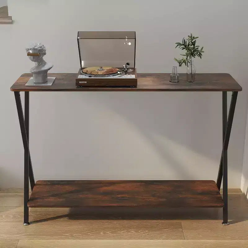 33.5 Tavolo Consolle Stretto Marrone Rustico con 2 Ripiani, Tavolo da Divano in Stile Rustico per Soggiorno, Corridoio, Ingresso, Struttura Rettangolare in Metallo
