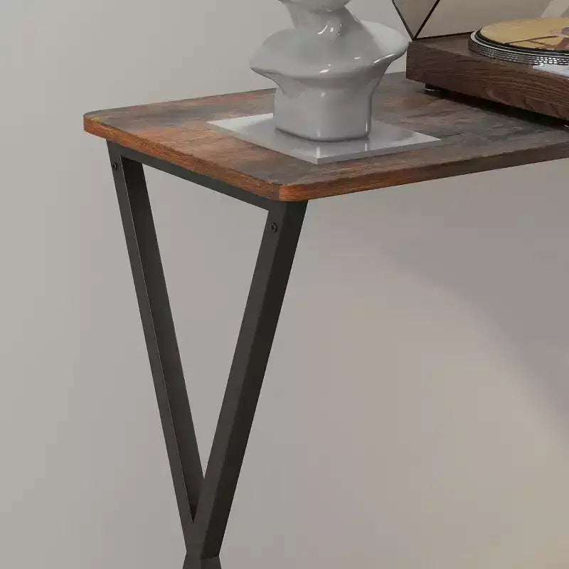 33.5 Tavolo Consolle Stretto Marrone Rustico con 2 Ripiani, Tavolo da Divano in Stile Rustico per Soggiorno, Corridoio, Ingresso, Struttura Rettangolare in Metallo