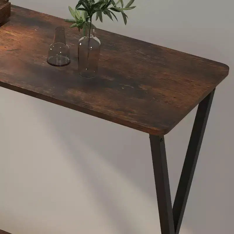 33.5 Tavolo Consolle Stretto Marrone Rustico con 2 Ripiani, Tavolo da Divano in Stile Rustico per Soggiorno, Corridoio, Ingresso, Struttura Rettangolare in Metallo