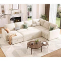 Beige Chenille Sectional Sleeper Sofa with Pull-Out Bed, L-Shaped Modular Couch with Storage Seats, Convertible Living Room Sofa