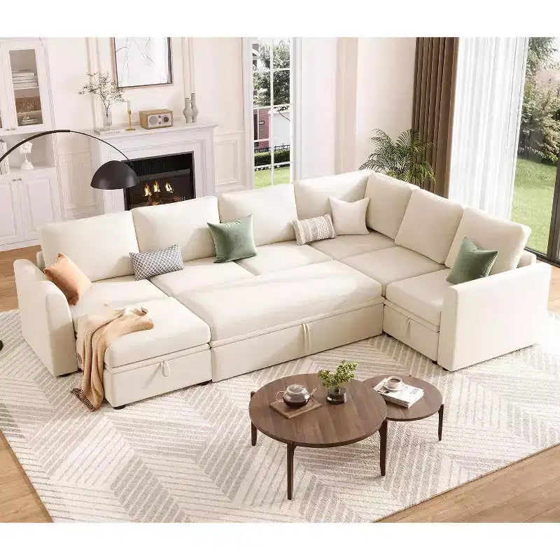 Beige Chenille Sectional Sleeper Sofa with Pull-Out Bed, L-Shaped Modular Couch with Storage Seats, Convertible Living Room Sofa