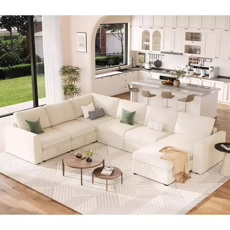 Divano letto sezionale in ciniglia beige con letto estraibile, divano modulare a L con sedute contenitore, divano convertibile per soggiorno