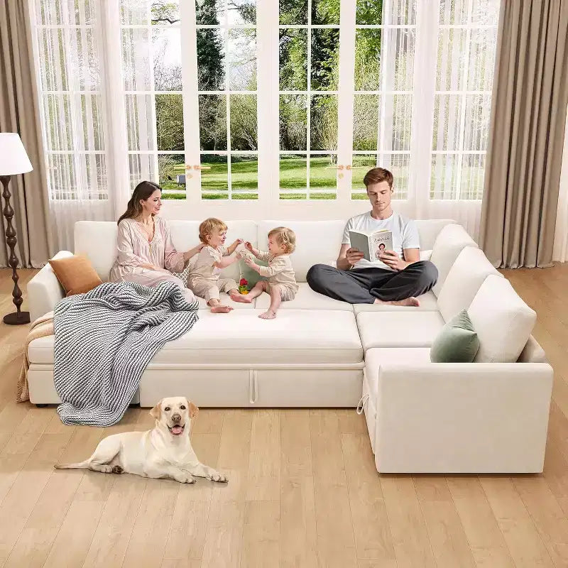 Divano letto sezionale in ciniglia beige con letto estraibile, divano modulare a L con sedute contenitore, divano convertibile per soggiorno