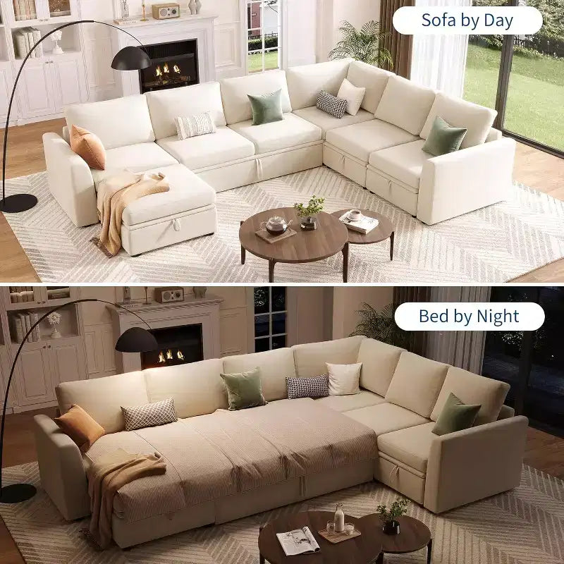Divano letto sezionale in ciniglia beige con letto estraibile, divano modulare a L con sedute contenitore, divano convertibile per soggiorno