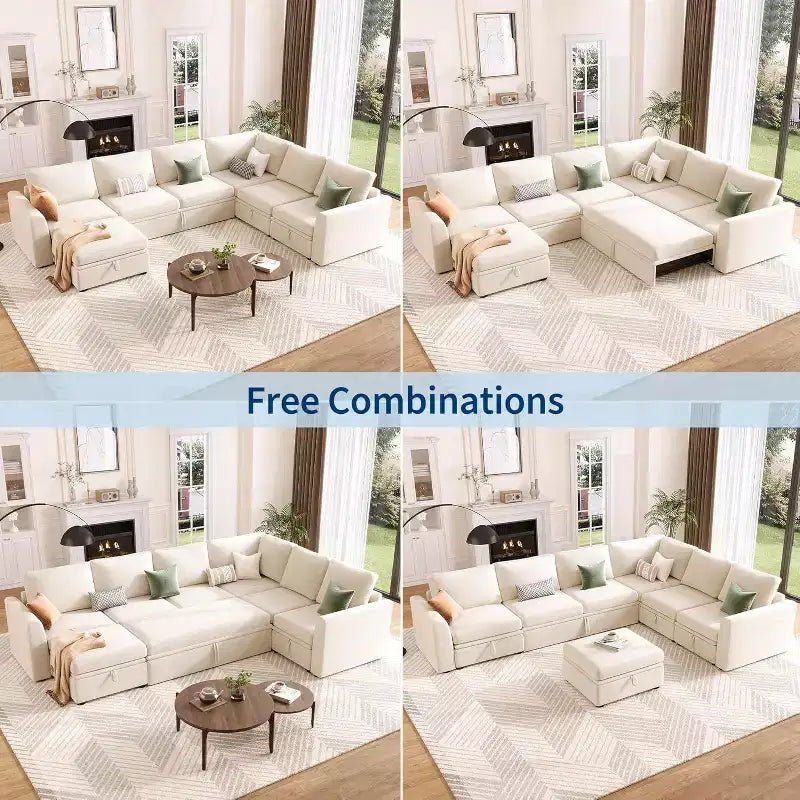 Divano letto sezionale in ciniglia beige con letto estraibile, divano modulare a L con sedute contenitore, divano convertibile per soggiorno